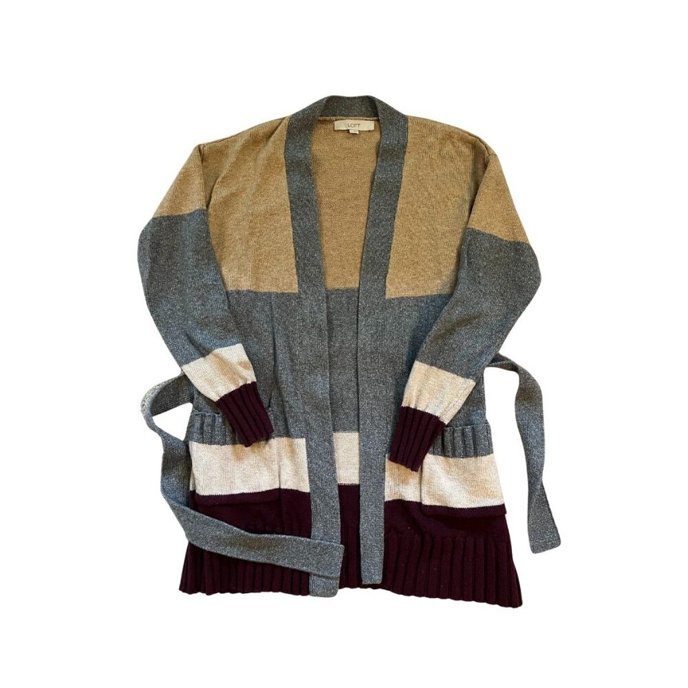 LOFT Small Cardigan Sweater Open Front Striped Tan Gray Belted Pockets